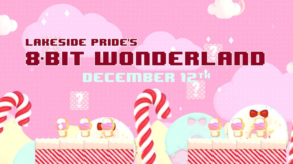 Ping backdrop with candy canes and other sugar treats with the show title "8-Bit Wonderland"