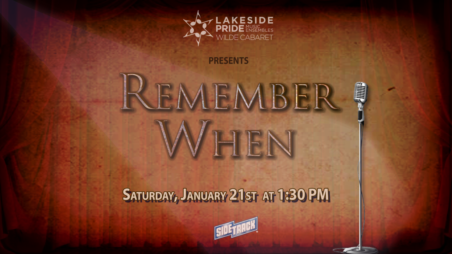 Wilde Cabaret's January Cover Page for show titled "Remember When" placed against a parchment style backdrop with a mike stand present