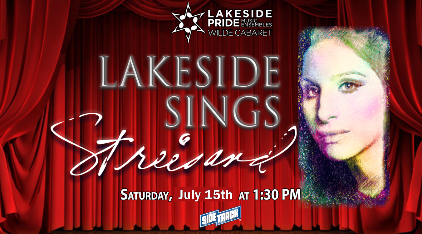 Title of show on the right side: Wilde Cabaret's Lakeside Sings Streisand cover art, red theatre curtain in the back with a colorful image of Barbra Streisand on the left, at Sidetrack