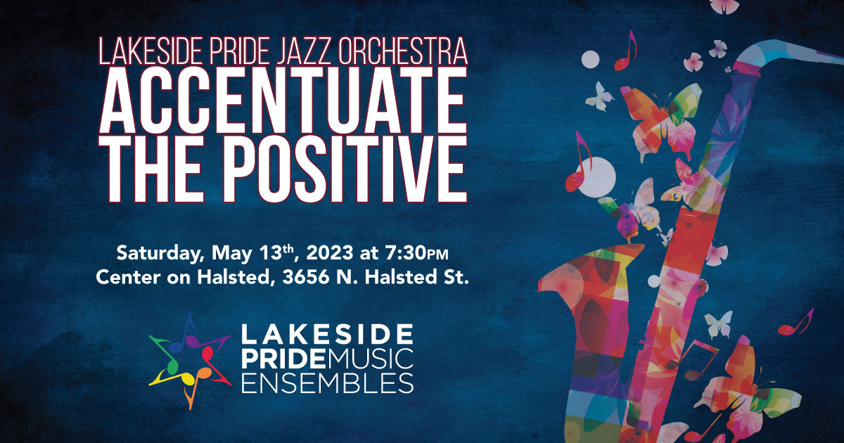 Jazz Orchestra's 2023 Concert over a blue watercolor backdrop and a colorful saxophone with butterflies