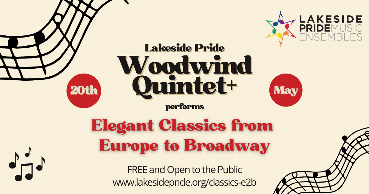Woodwind Quintet's May Performance cover art featuring a beige background with music notes and staff on the corners.