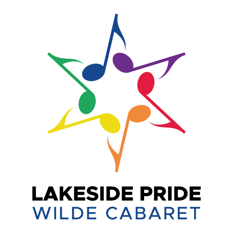Lakeside Pride's Eighth Note Star in blue, purple, red, orange, yellow and green with the text "Lakeside Pride Wilde Cabaret" underneath