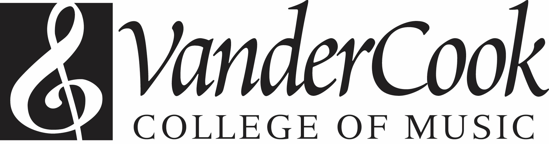 VanderCook College of Music logo with treble clef outlined in white on a black square
