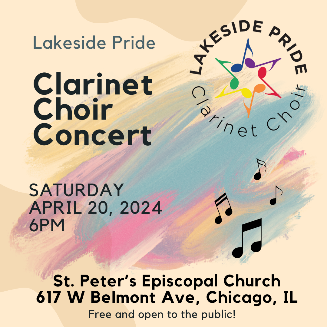 Water color splash background with the Clarinet Choir Concert, Saturday, April 20th, 2024 at 6 PM