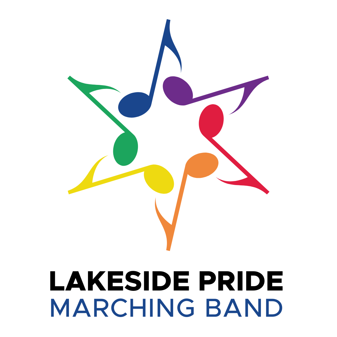 A six-eighth note star in blue, purple, orange, yellow, and green in the shape of the Chicago Star, followed underneath with the text in black on the first line “Lakeside Pride” and in blue text on the second line “Marching Band”